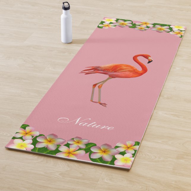 Flamingo & Plumeria Flowers on Rose Gold Pink Yoga Mat (In Situ)
