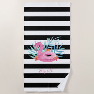 Flamingo Pool Float Black White Stripes  Beach Towel