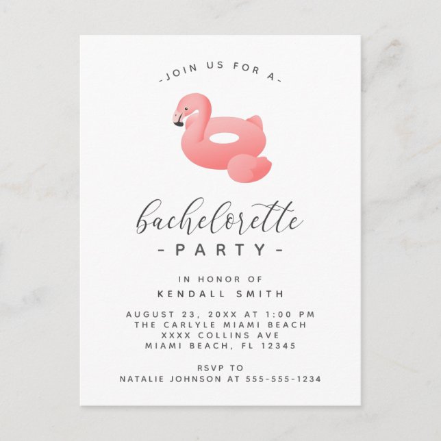 Flamingo Pool Float Minimal Bachelorette Party Postcard (Front)