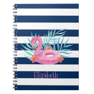Flamingo Pool Float Navy Blue Stripes Notebook