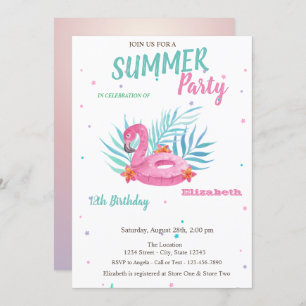Flamingo Pool Float Summer Birthday Party  Invitation