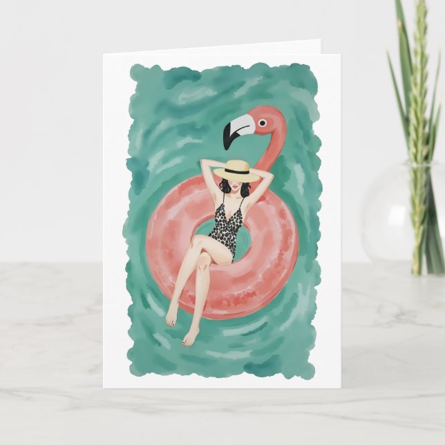 Flamingo Pool Floatie Watercolor Card (Front)