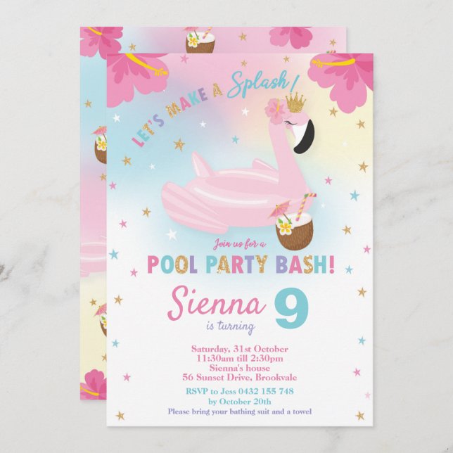 Flamingo Pool Party Birthday Invitation (Front/Back)