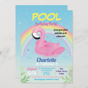 Flamingo Pool Party Birthday Rainbow Beach Float Invitation