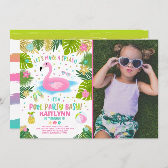 Flamingo Pool Party Invitation Tropical Flamingo (Front/Back)