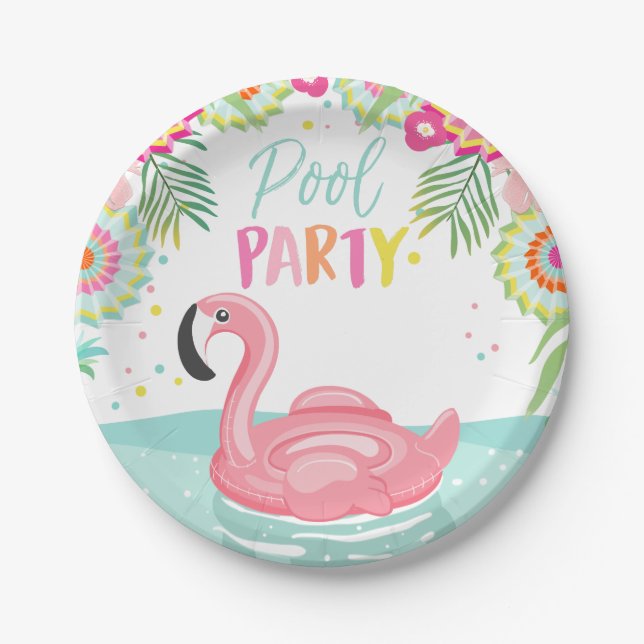 Flamingo Pool Party Paper Plates Tropical Float (Front)
