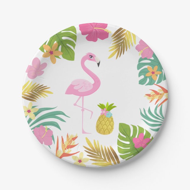 Flamingo Pool Party Paper Tropical Pool Party Plate (Front)