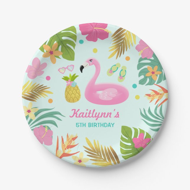 Flamingo Pool Party Paper Tropical Pool Party Plate (Front)
