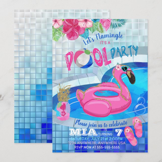 Flamingo Pool Party, Tropical Birthday   Pink Invitation (Front/Back)