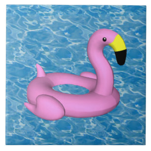 Flamingo pool toy on blue water  ceramic tile
