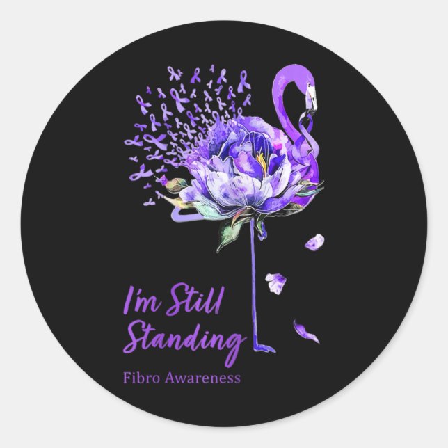 Flamingo Purple Ribbon Fibro Fibromyalgia Awarenes Classic Round Sticker (Front)