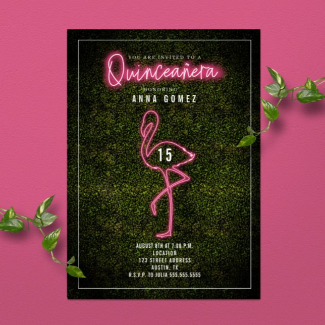 Flamingo Quinceañera Pink Neon Lights Boxwood Invitation (Creator Uploaded)