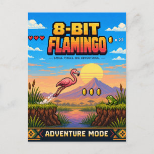 Flamingo, Retro 8-Bit Pixel Art Postcard