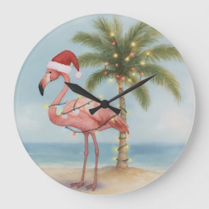 Flamingo Retro Christmas Large Clock
