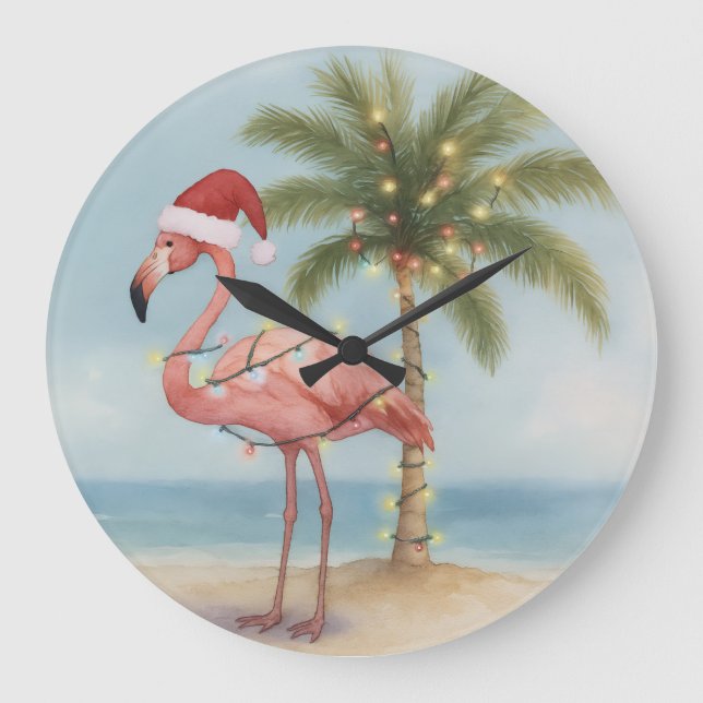 Flamingo Retro Christmas Large Clock (Front)