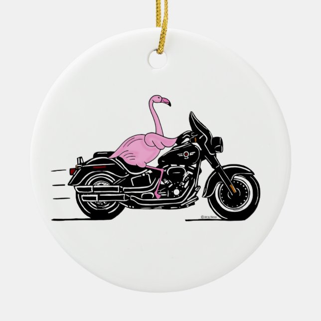 Flamingo Riding A Motorcycle Ceramic Ornament (Front)