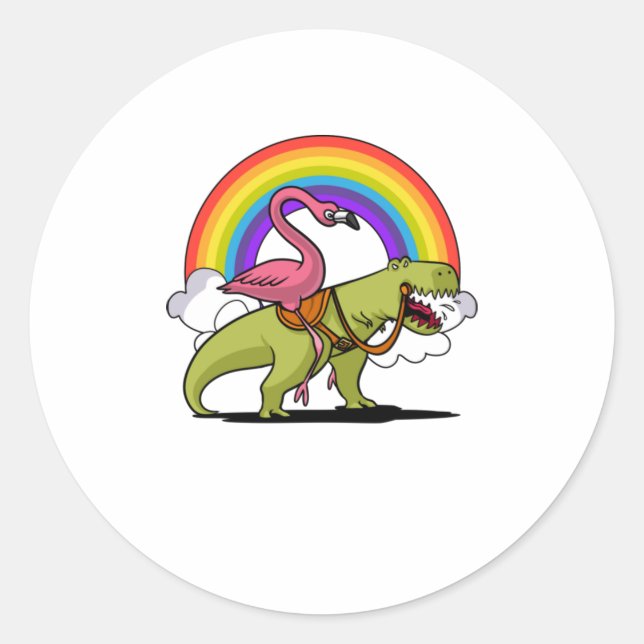 Flamingo Riding Dinosaur T-Shirt Classic Round Sticker (Front)