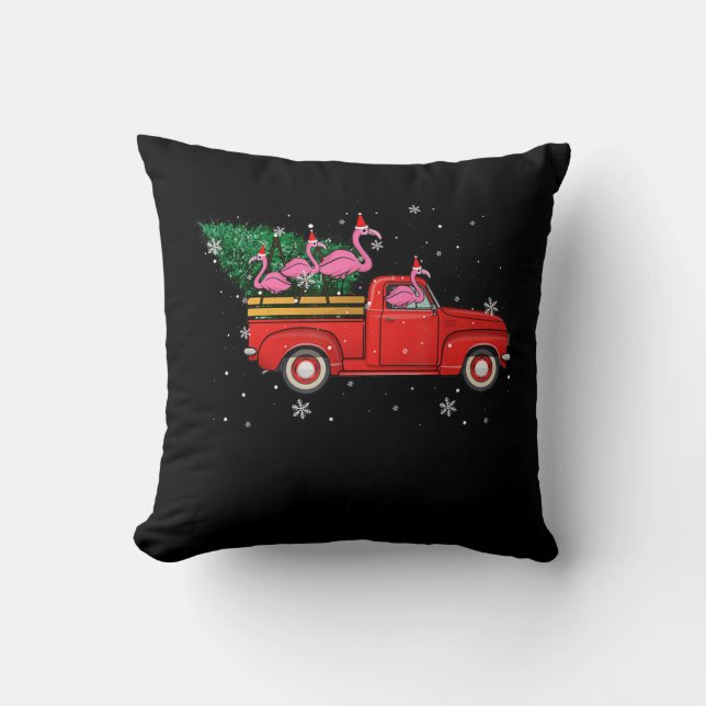 Flamingo Riding Red Truck Xmas Santa Hat Christmas Cushion (Front)