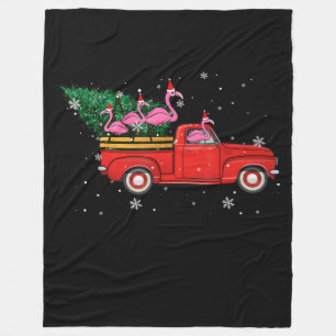 Flamingo Riding Red Truck Xmas Santa Hat Christmas Fleece Blanket
