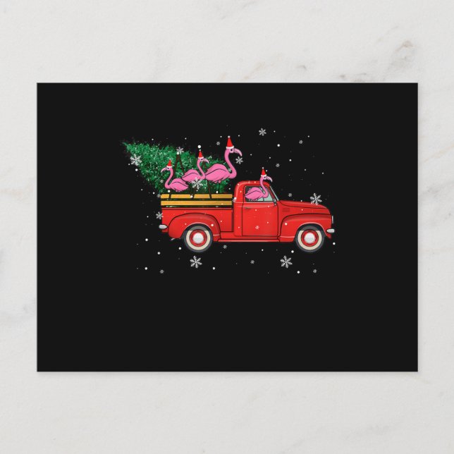 Flamingo Riding Red Truck Xmas Santa Hat Christmas Holiday Postcard (Front)