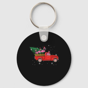 Flamingo Riding Red Truck Xmas Santa Hat Christmas Key Ring