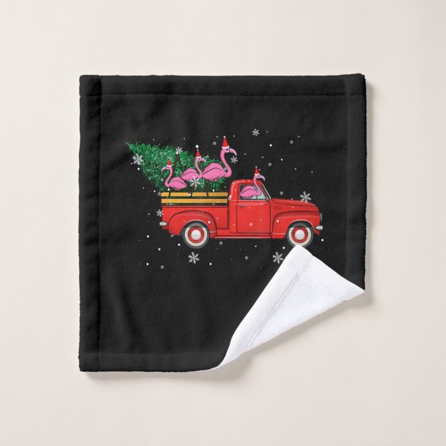Flamingo Riding Red Truck Xmas Santa Hat Christmas Wash Cloth (Wash Cloth)