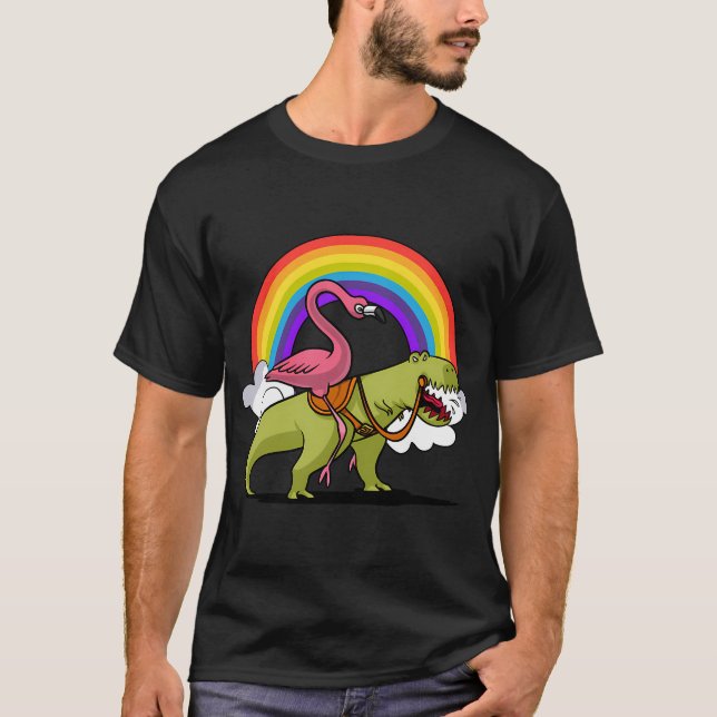 Flamingo Riding T-Rex Dinosaur T-Shirt (Front)