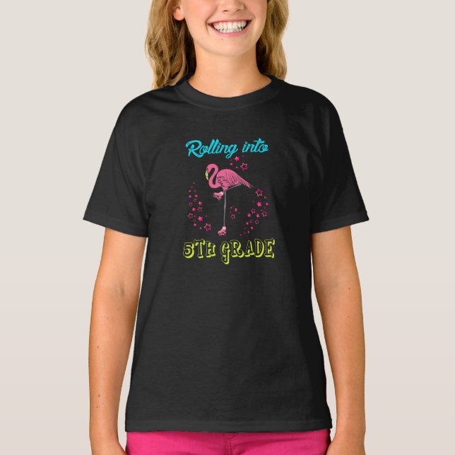 Flamingo Rolling Into 5th Grade Back To School T-Shirt (Front)
