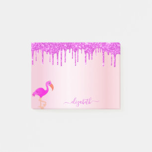 Flamingo rose gold purple glitter drips monogram post-it notes
