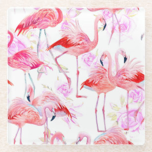Flamingo Rose: Watercolor Bird Floral Glass Coaster