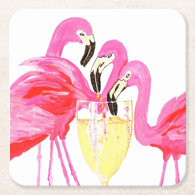Flamingo"s in White Wine Square Paper Coaster (Front)