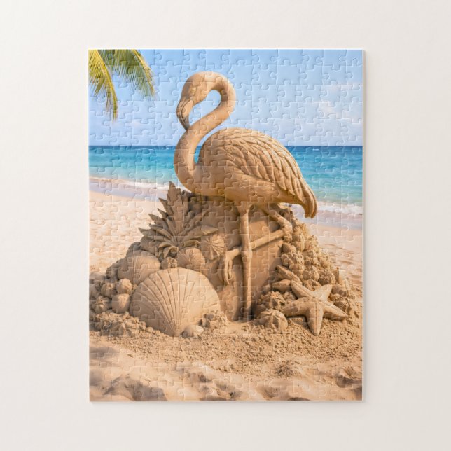 Flamingo Sand Sculpture on Tropical Beach Jigsaw Puzzle (Vertical)