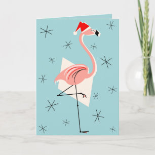 Flamingo Santa Blue greetings card blue