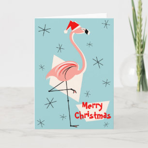 Flamingo Santa Blue Merry Christmas Holiday Card