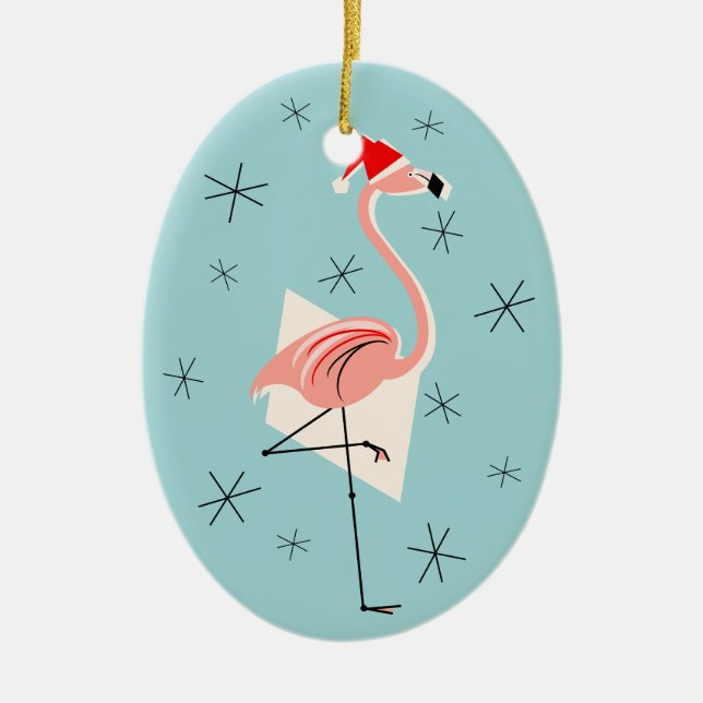 Flamingo Santa Blue Text ornament oval (Front)