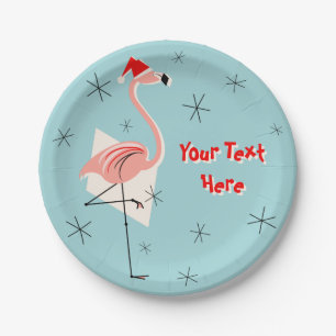 Flamingo Santa Blue Text paper plate