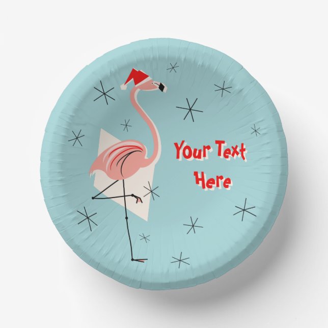 Flamingo Santa Blue Text  Paper Plate (Front)