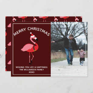 Flamingo Santa Burgundy Photo Christmas Holiday Card