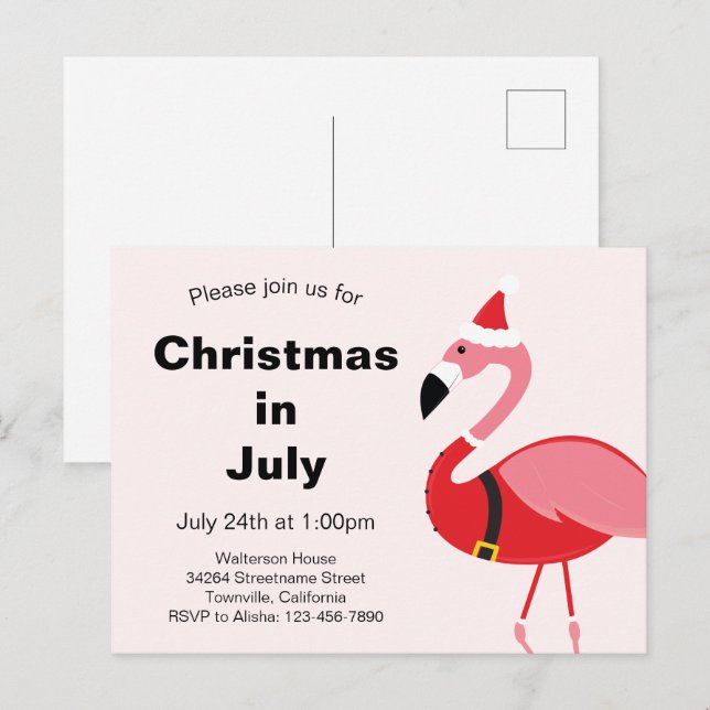 Flamingo Santa Christmas in July Invitation Postcard (Front/Back)