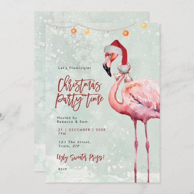flamingo santa hat Christmas party invitation (Front/Back)