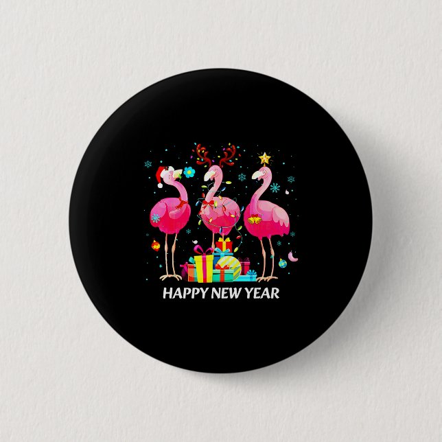 Flamingo Santa Hat Happy New Year Light Long Sleev 6 Cm Round Badge (Front)