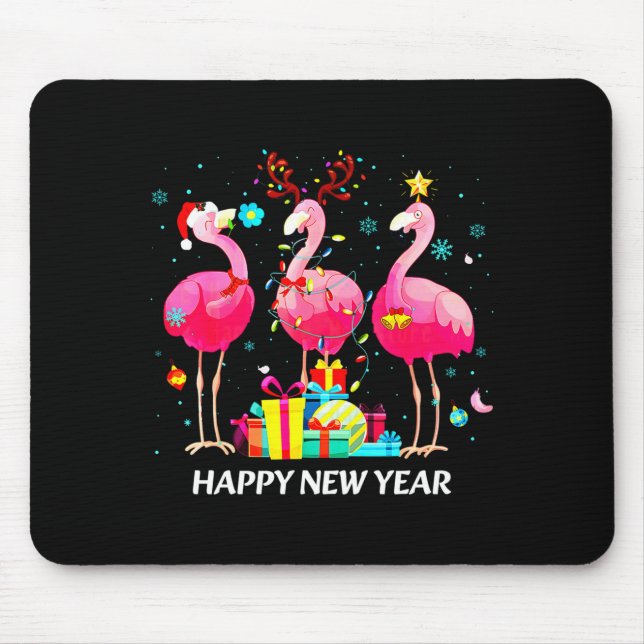 Flamingo Santa Hat Happy New Year Light Long Sleev Mouse Pad (Front)