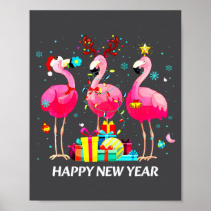 Flamingo Santa Hat Happy New Year Light Long Sleev Poster