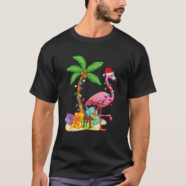 Flamingo Santa Hat Palm Tree Merry Christmas Light T-Shirt (Front)