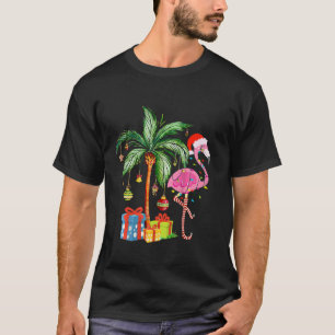 Flamingo Santa Hat Palm Tree Merry Christmas Light T-Shirt