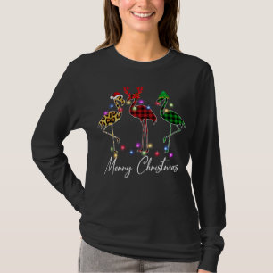 Flamingo Santa Hat Reindeer Buffalo Plaid Flamingo T-Shirt