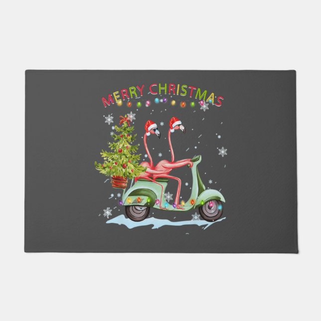 Flamingo Santa Hat Xmas Light Motobike Christmas Doormat (Front)