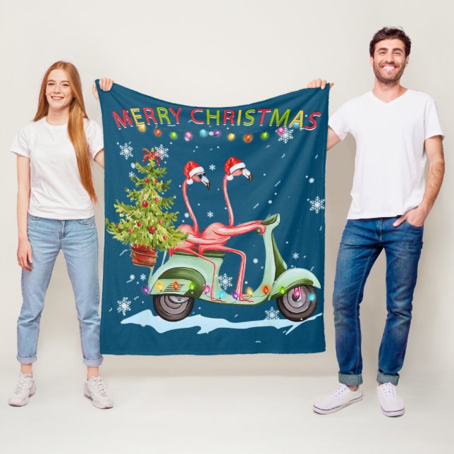 Flamingo Santa Hat Xmas Light Motobike Christmas Fleece Blanket (In Situ)