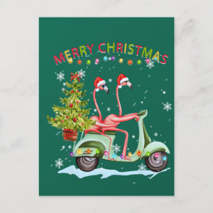 Flamingo Santa Hat Xmas Light Motobike Christmas Postcard