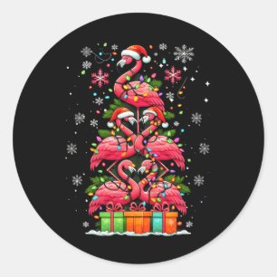 Flamingo Santa Hat Xmas Lights Christmas Tree Anim Classic Round Sticker